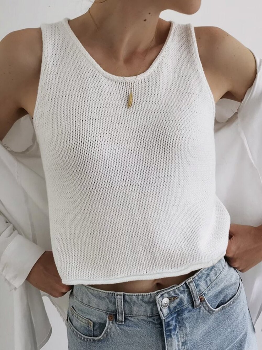 White Lightweight Open Knit Tank Top